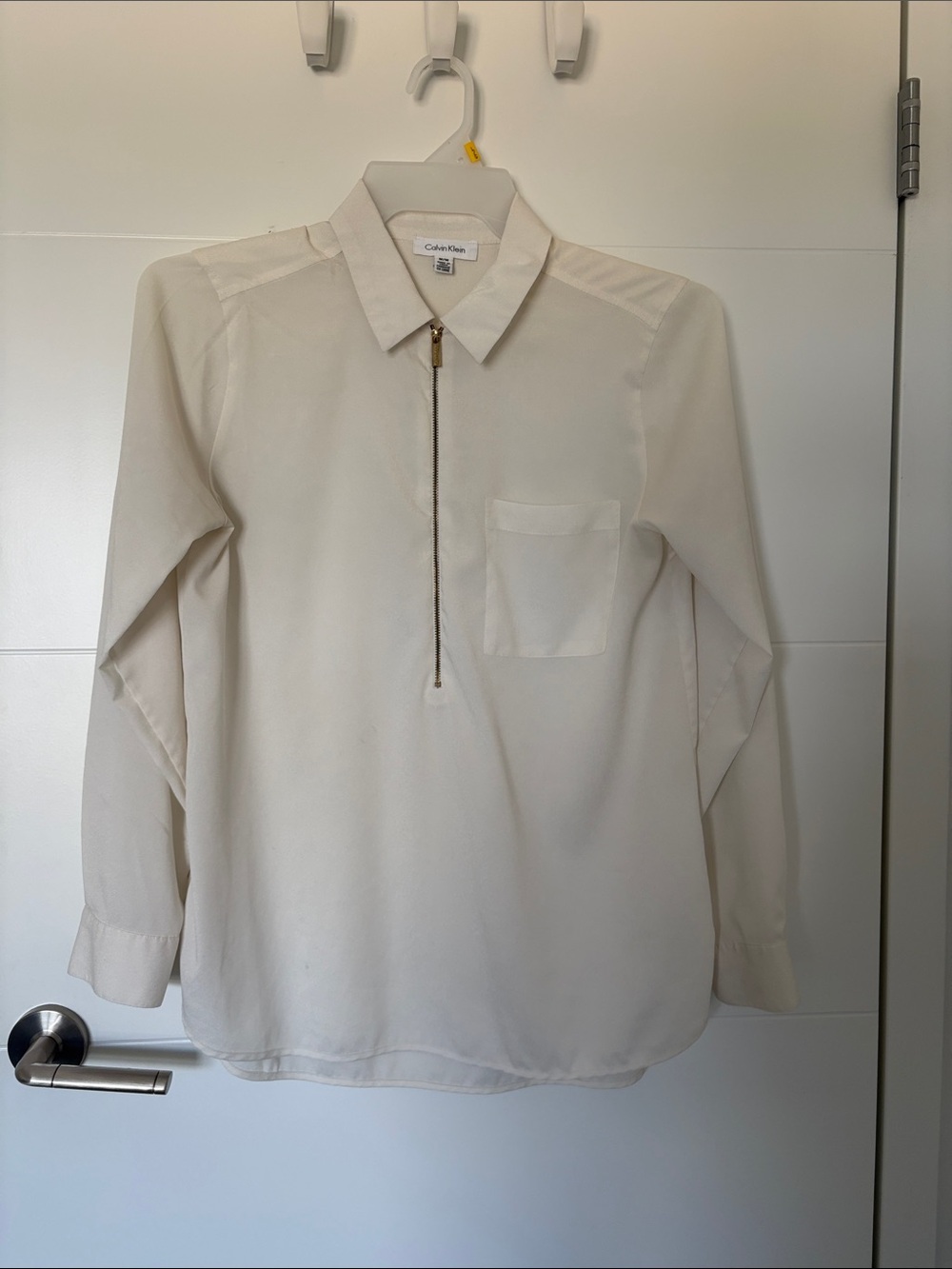 Calvin Klein Men's Cream Half-Zip Dress Shirt with Chest Pocket